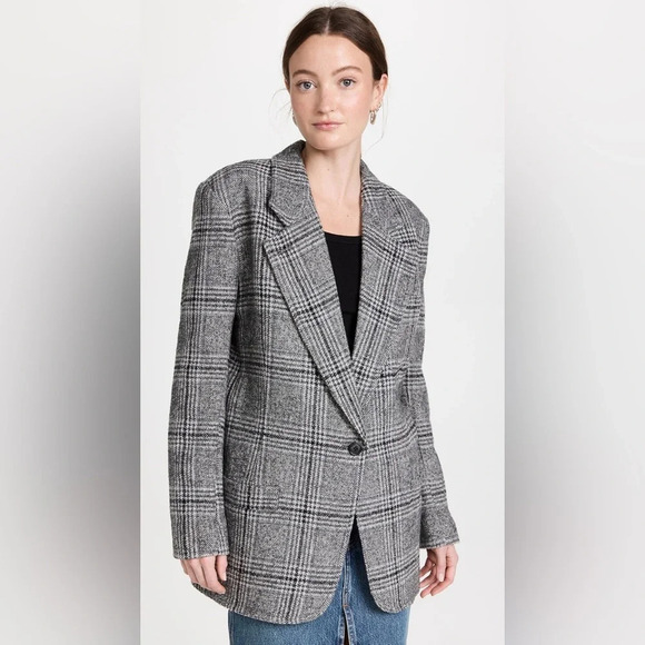 Smythe Notched Lapel Blazer Small Charcoal Gray Glen Check Plaid Oversized - Picture 3 of 16
